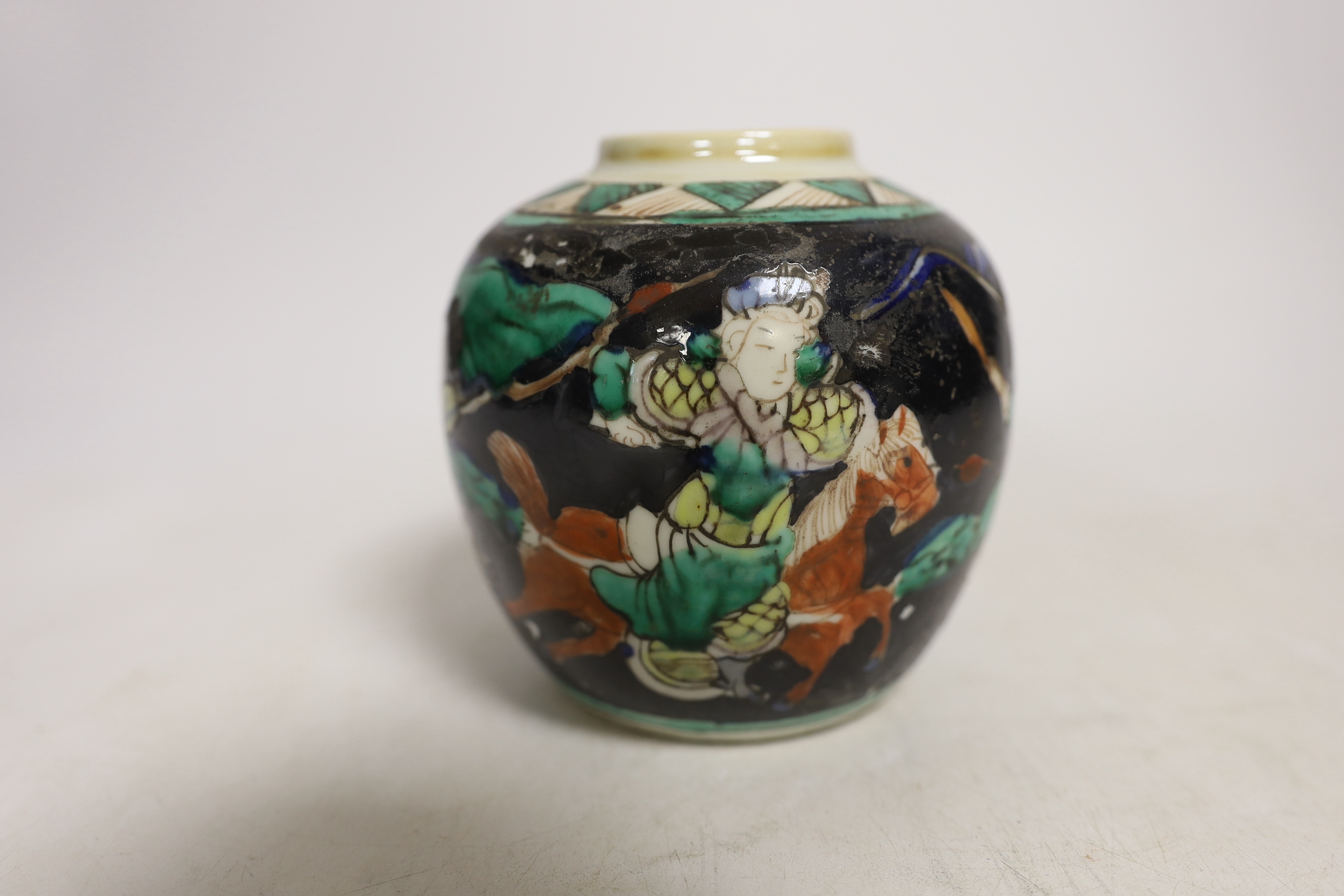 Chinese porcelain- a tall 19th century famille rose vase and cover, a famille rose jar, early 19th century probably made the Indian market, a famille noire jar and a Japanese vase, tallest 28cm high